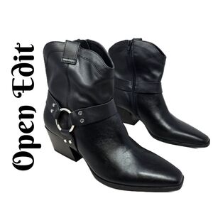 Open Edit Womens Enzo Western Flare Boots Sz 8.5M Black Leather Side Harness
